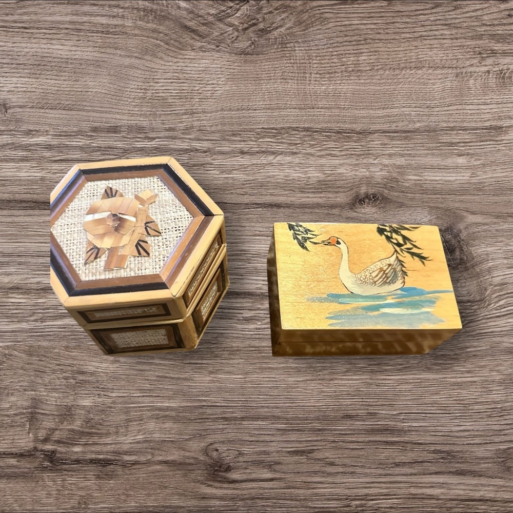 Trinket Jewelry Boxes Bamboo Floral Duck Wood (Lot of 2)